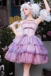 Purple Gradient The Forty-Fourth Sunset Oil Painting Triple-Layered Ruffle Bowknot Sweet Lolita Jsk Dress